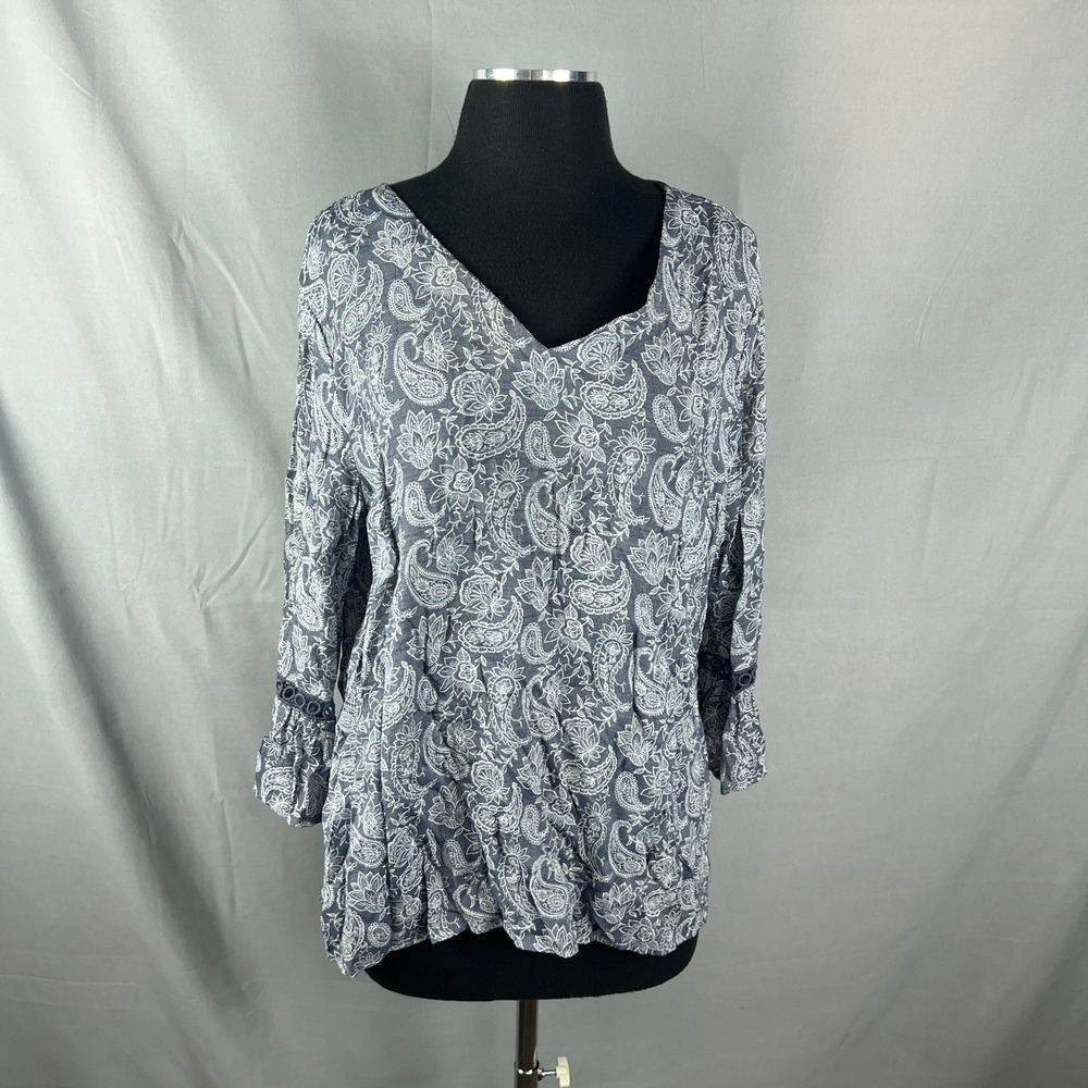 Fred David Blouse Top Womens XL Gray White Paisley Bell Sleeve Everyday Wear